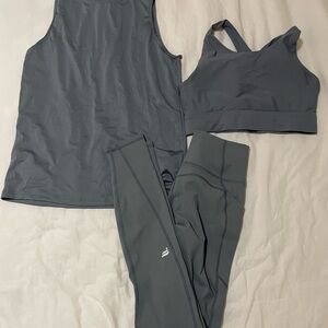 Fabletics Gray/Blue Active Tank, Bra, and Legging set